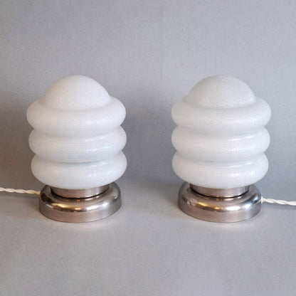 Pair of 1970s vintage table lamps with chrome base and texturized opaline glass shades - Retro Lamp Shop -