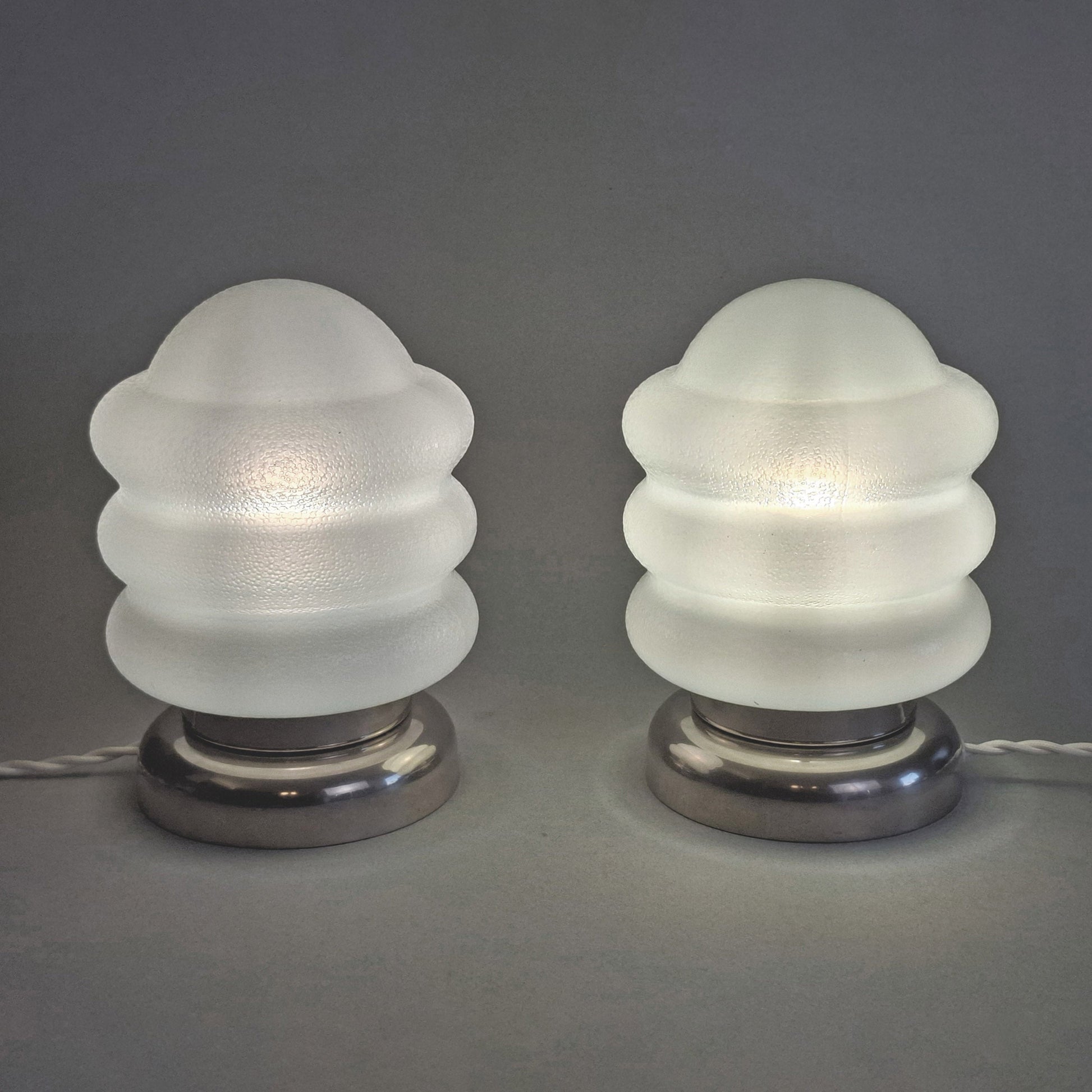 Pair of 1970s vintage table lamps with chrome base and texturized opaline glass shades - Retro Lamp Shop -