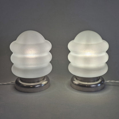 Pair of 1970s vintage table lamps with chrome base and texturized opaline glass shades - Retro Lamp Shop -