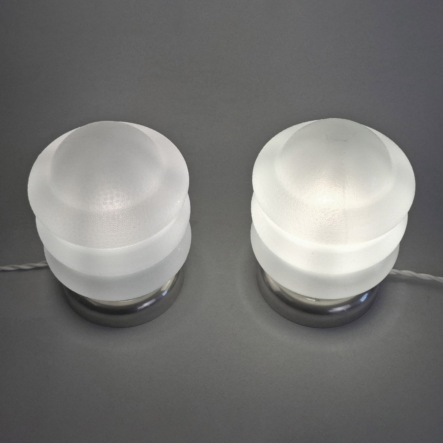Pair of 1970s vintage table lamps with chrome base and texturized opaline glass shades - Retro Lamp Shop -
