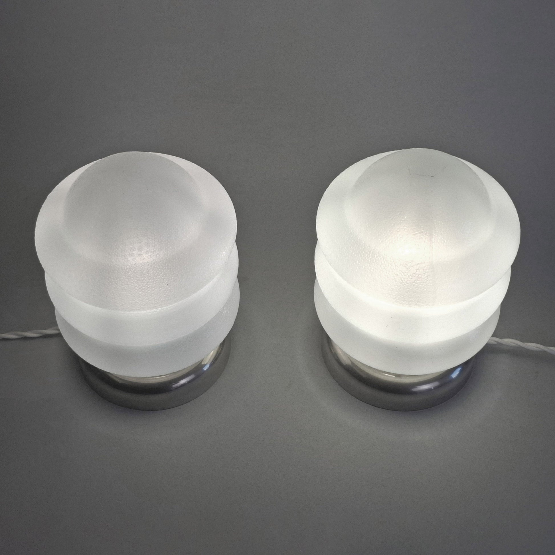Pair of 1970s vintage table lamps with chrome base and texturized opaline glass shades - Retro Lamp Shop -