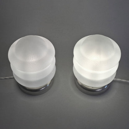 Pair of 1970s vintage table lamps with chrome base and texturized opaline glass shades - Retro Lamp Shop -