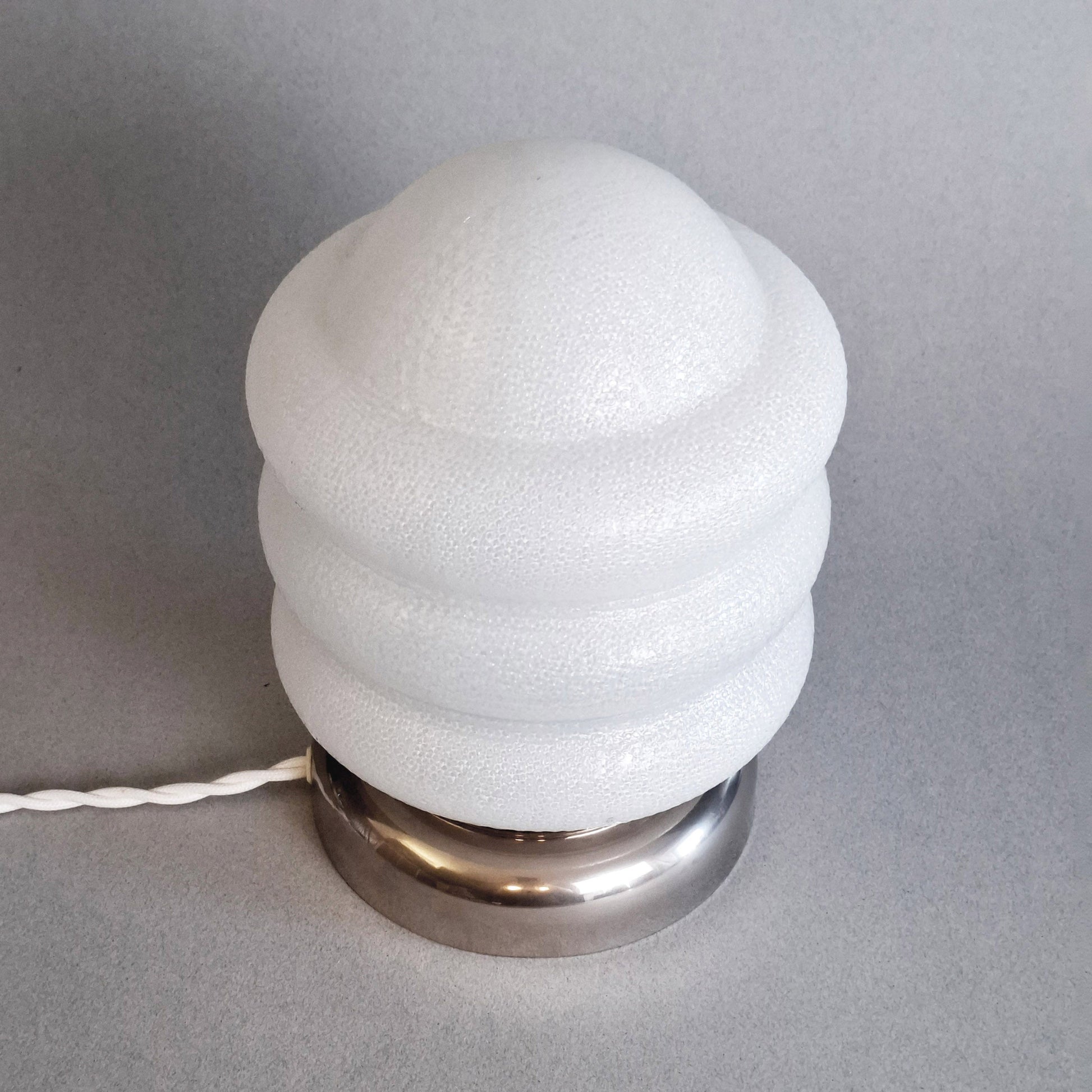 Pair of 1970s vintage table lamps with chrome base and texturized opaline glass shades - Retro Lamp Shop -