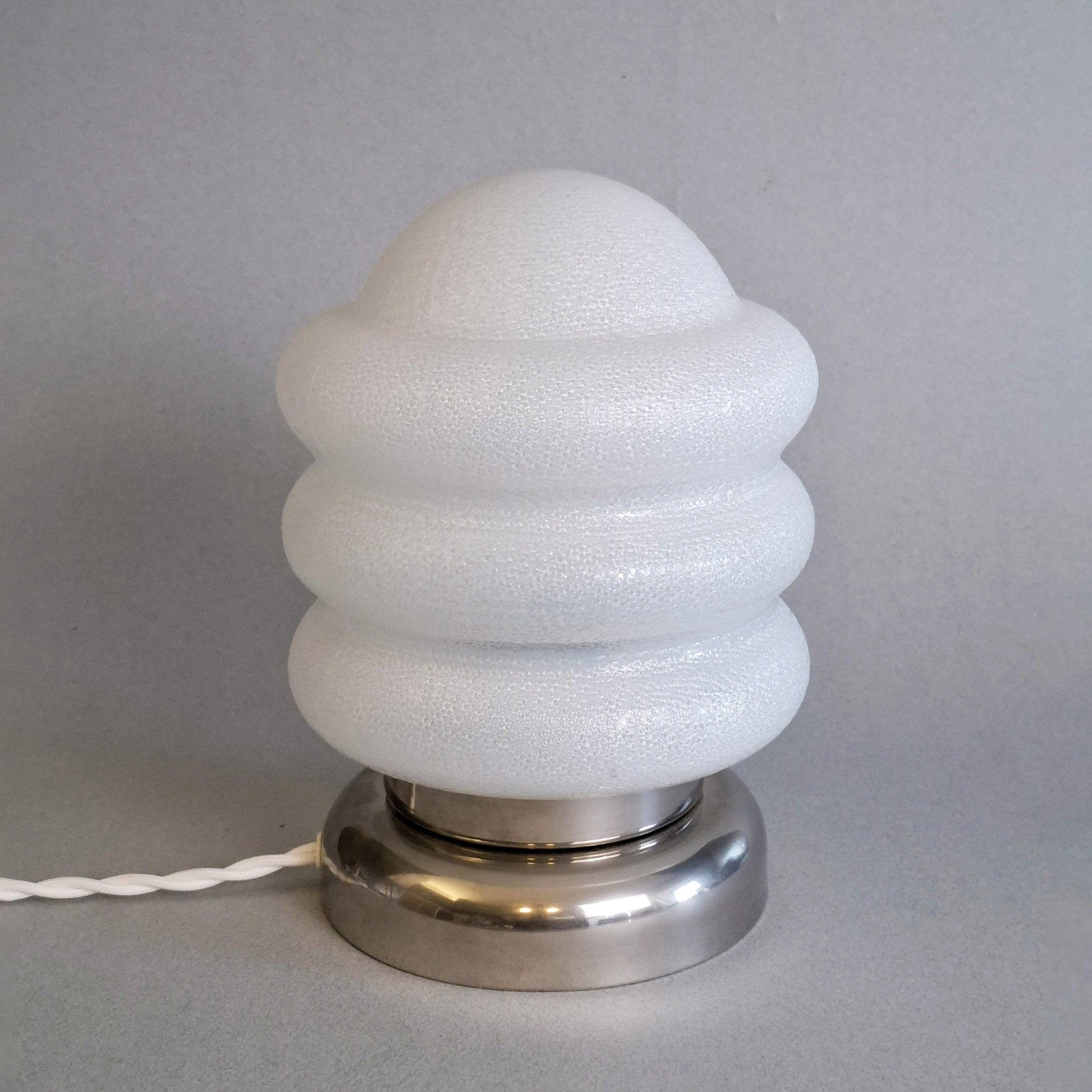 Pair of 1970s vintage table lamps with chrome base and texturized opaline glass shades - Retro Lamp Shop -