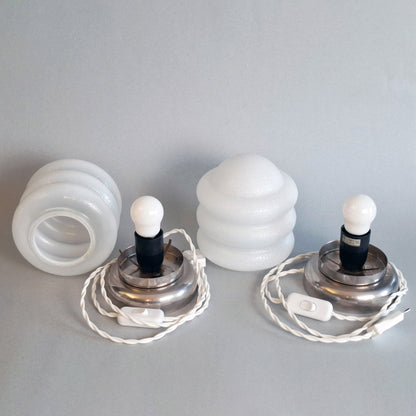 Pair of 1970s vintage table lamps with chrome base and texturized opaline glass shades - Retro Lamp Shop -