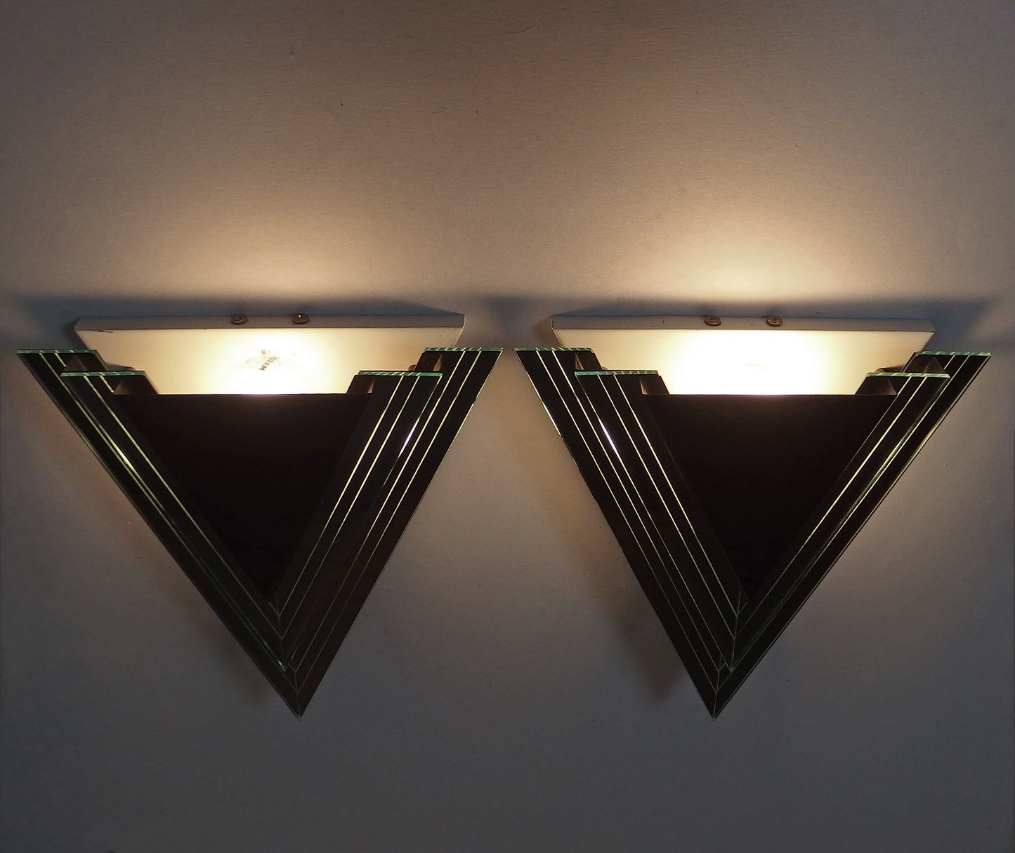 Elegant pair of 80's Swedish black painted metal and glass sconces with art deco influences - Retro Lamp Shop