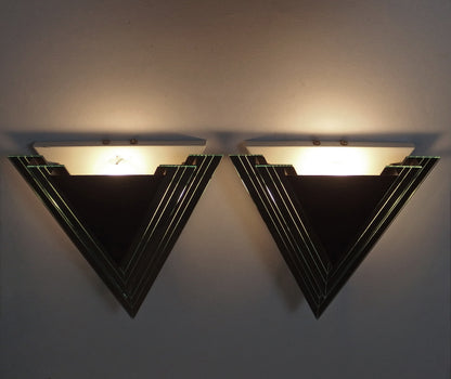 Elegant pair of 80's Swedish black painted metal and glass sconces with art deco influences - Retro Lamp Shop