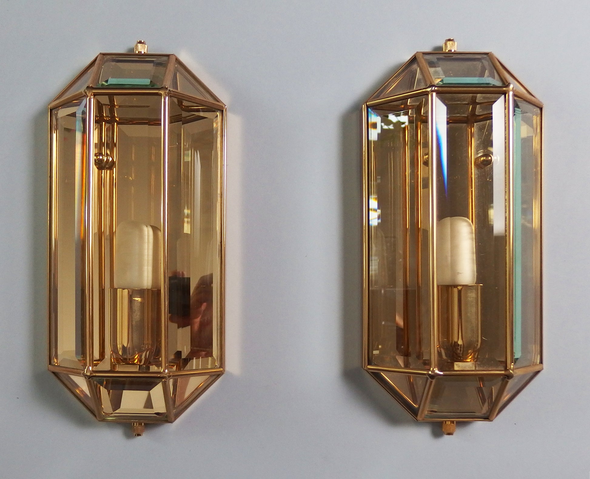 Pair of stunning 1980's italian sconces with brass and clear beveled glass shades - Retro Lamp Shop