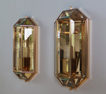 Pair of stunning 1980's italian sconces with brass and clear beveled glass shades - Retro Lamp Shop