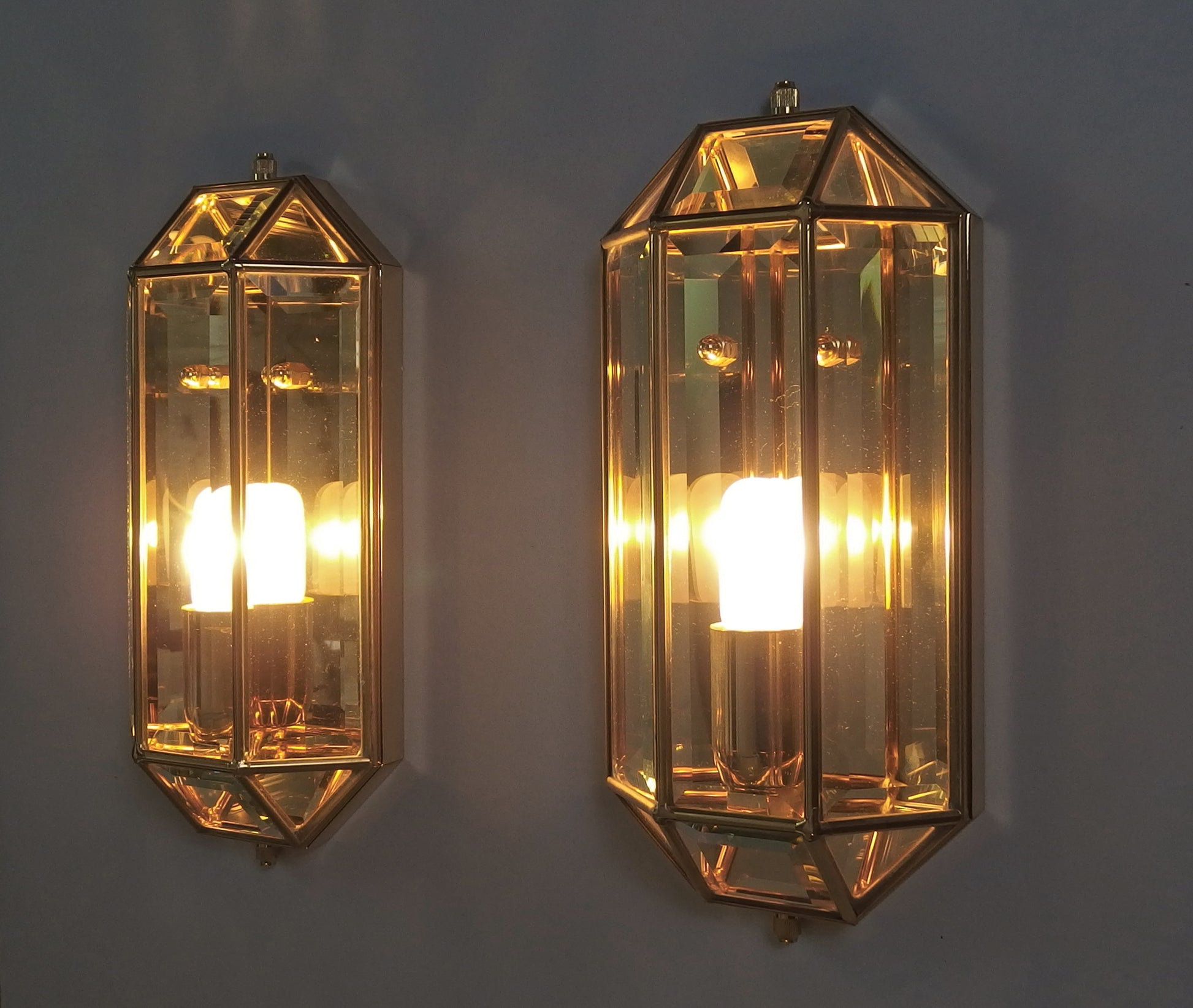 Pair of stunning 1980's italian sconces with brass and clear beveled glass shades - Retro Lamp Shop