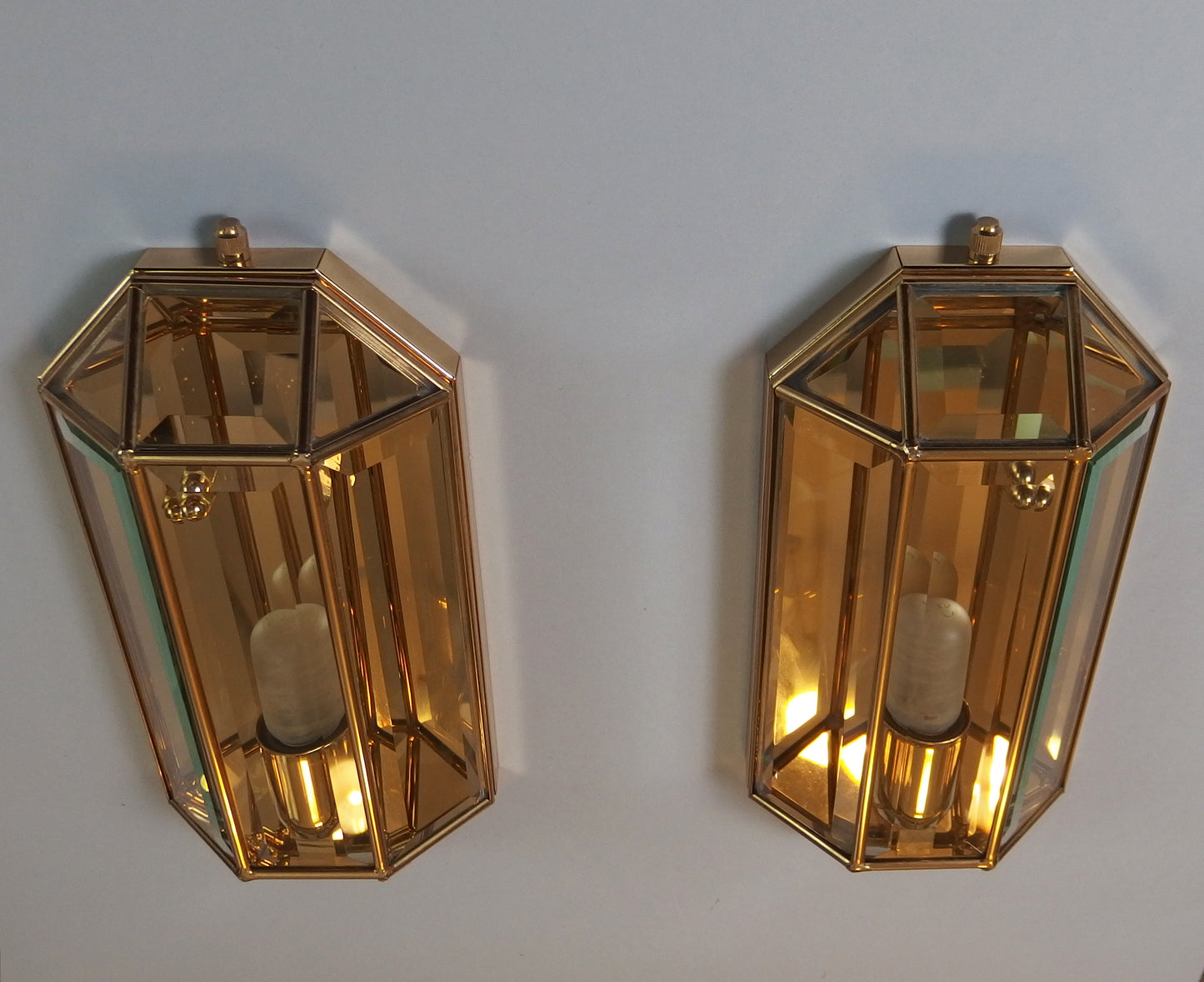 Pair of stunning 1980's italian sconces with brass and clear beveled glass shades - Retro Lamp Shop