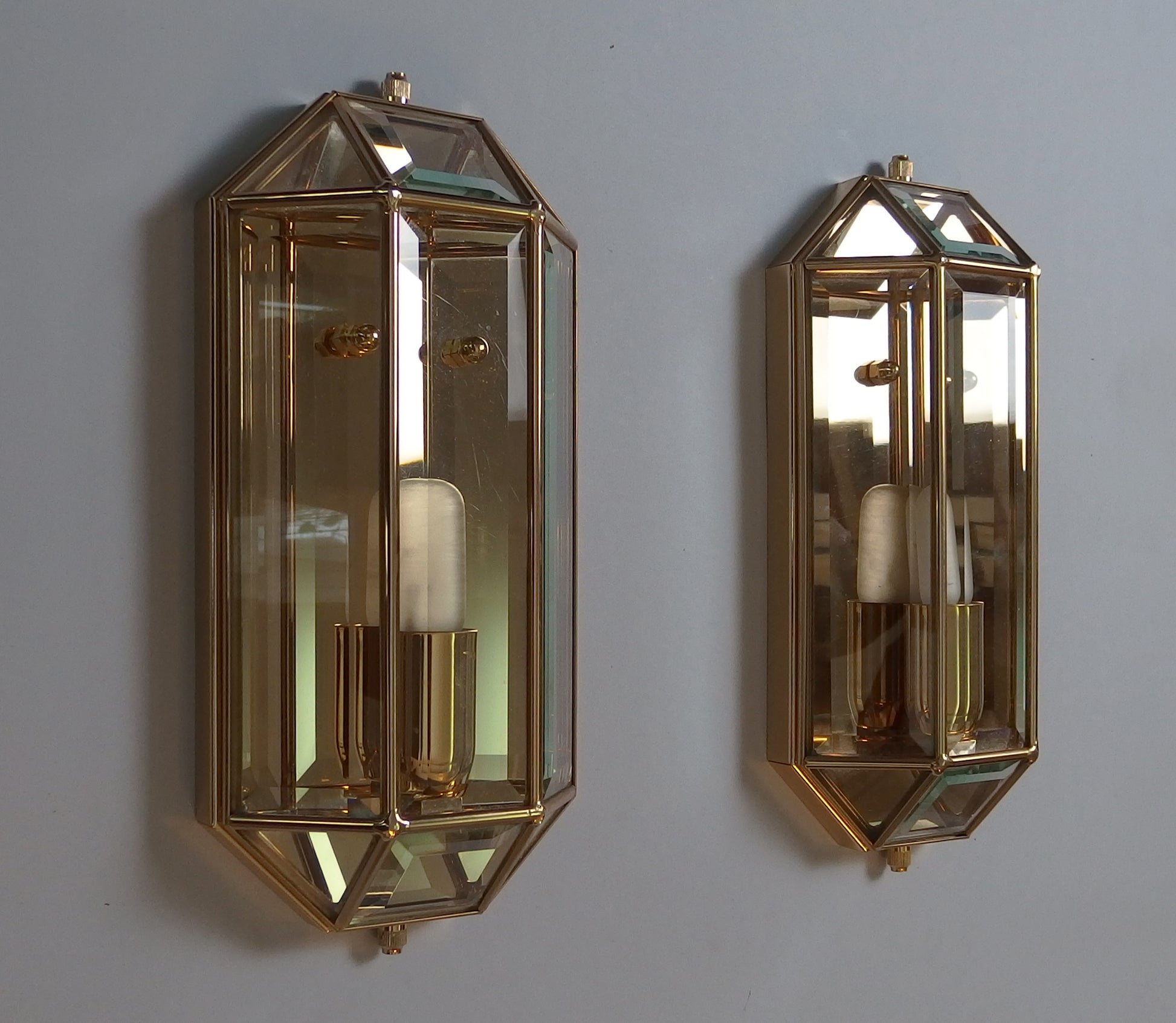 Pair of stunning 1980's italian sconces with brass and clear beveled glass shades - Retro Lamp Shop