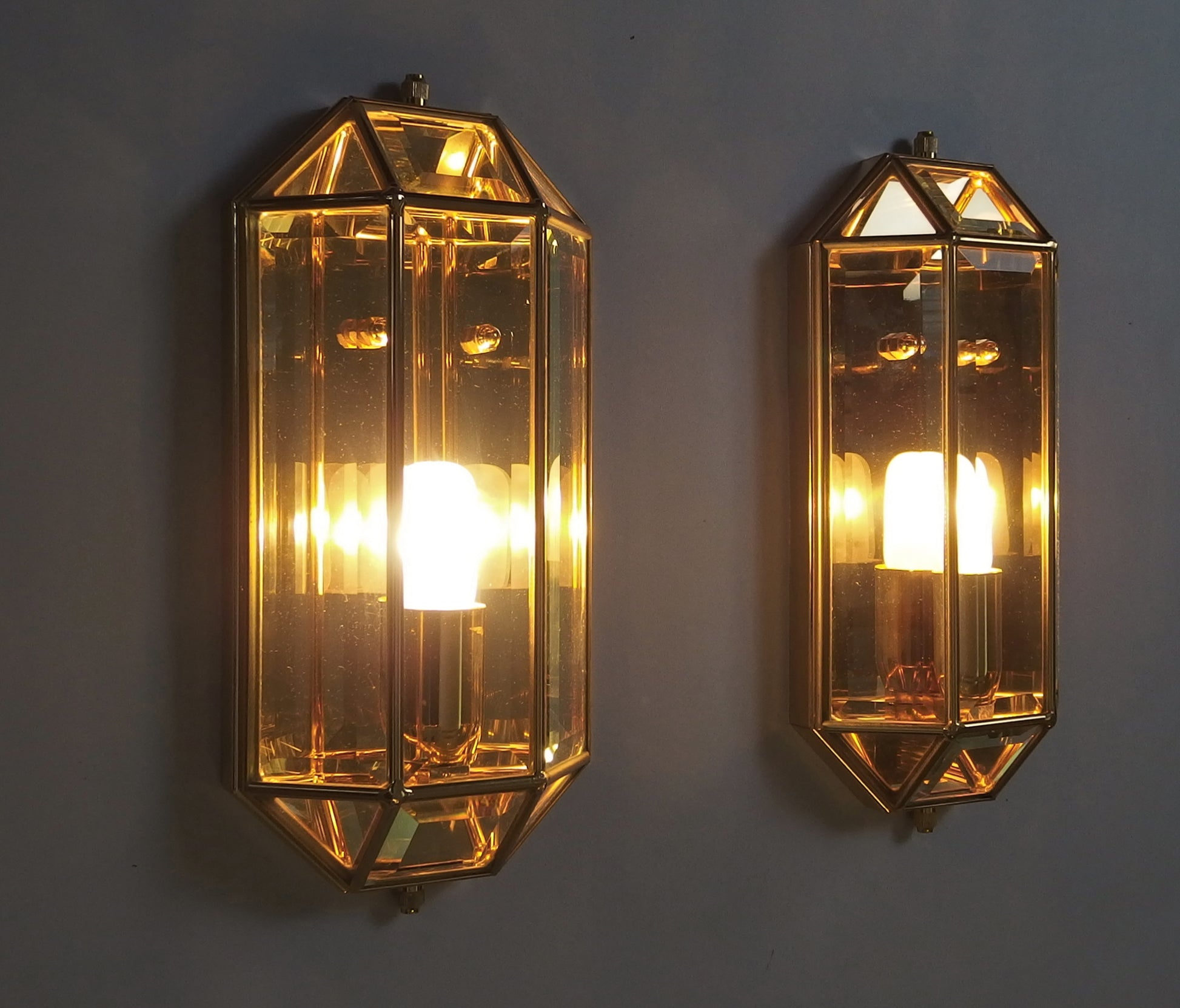 Pair of stunning 1980's italian sconces with brass and clear beveled glass shades - Retro Lamp Shop