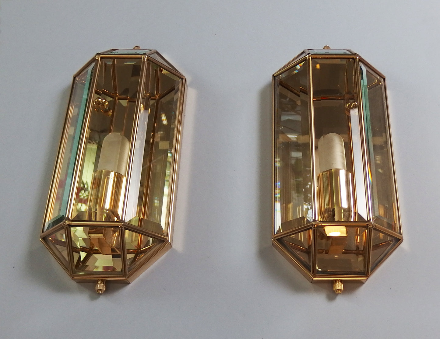 Pair of stunning 1980's italian sconces with brass and clear beveled glass shades - Retro Lamp Shop