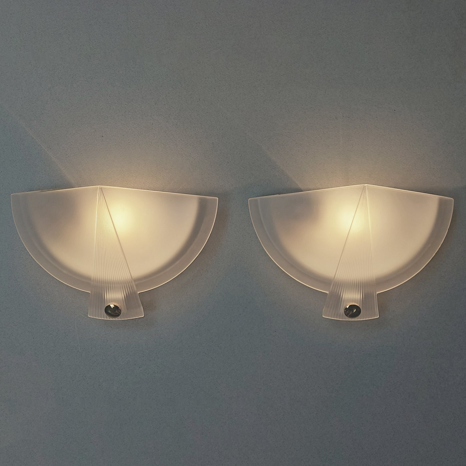 Beautiful pair of 1980's at deco inspired sconces with frosted glass shades and brass accessories - Retro Lamp Shop