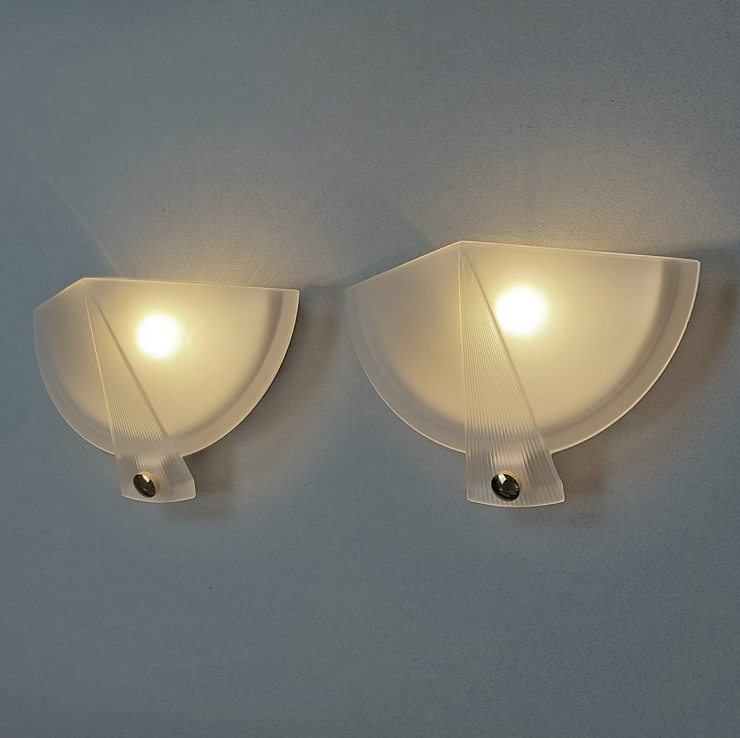 Beautiful pair of 1980's at deco inspired sconces with frosted glass shades and brass accessories - Retro Lamp Shop