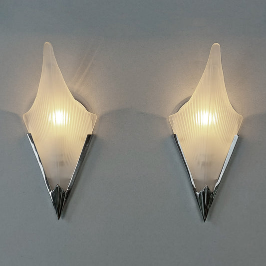 Pair of petit 1980s art deco revival sconces with chromed metal frame and frosted glass slip shades - Retro Lamp Shop