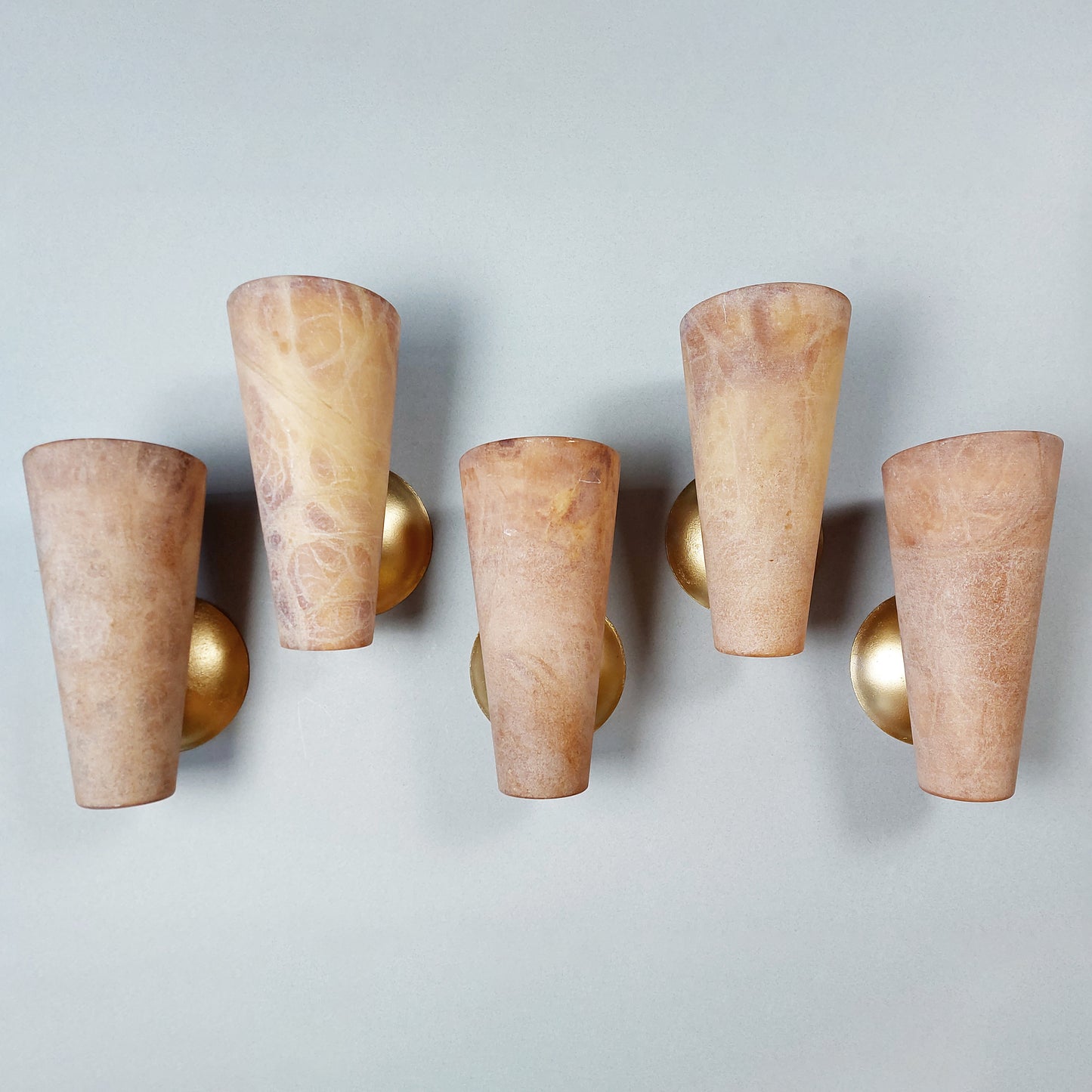 Set of 3 80s beige alabaster sconces with gold painted cast iron base - Retro Lamp Shop