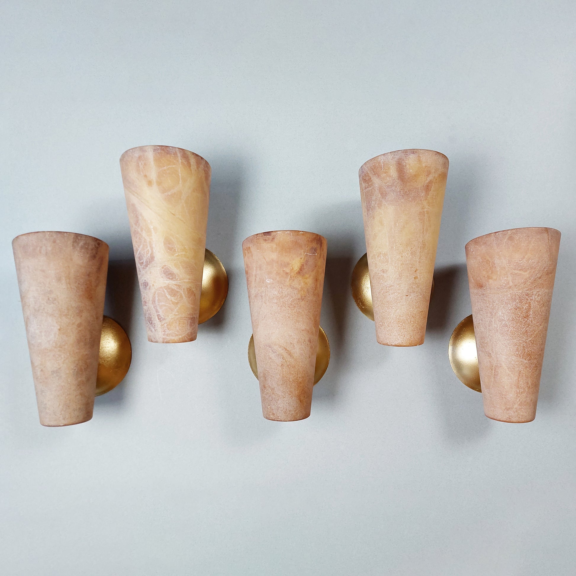 Set of 3 80s beige alabaster sconces with gold painted cast iron base - Retro Lamp Shop
