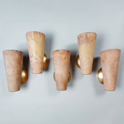 Set of 3 80s beige alabaster sconces with gold painted cast iron base - Retro Lamp Shop