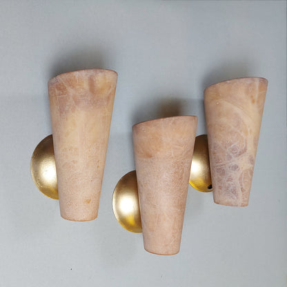 Set of 3 80s beige alabaster sconces with gold painted cast iron base - Retro Lamp Shop