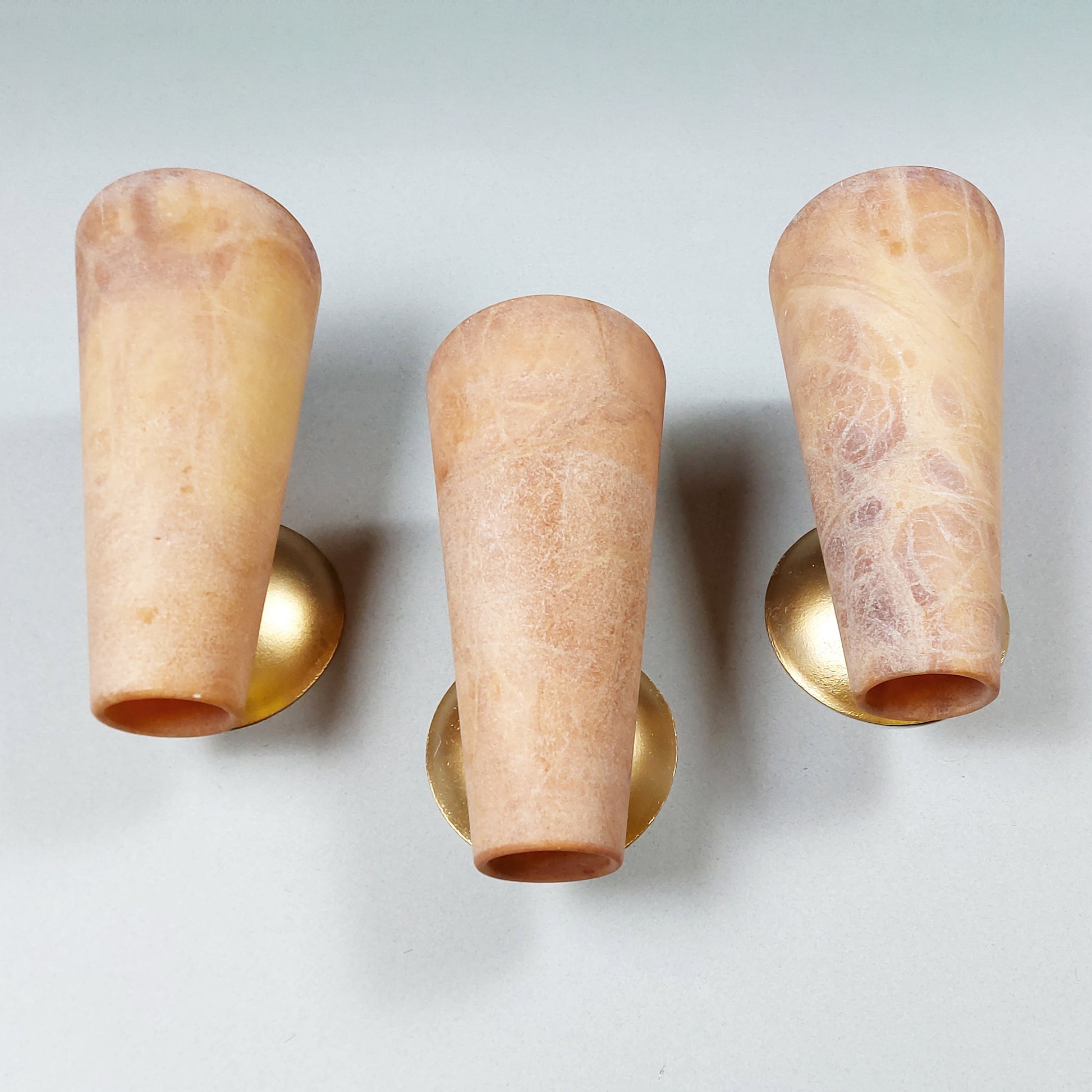 Set of 3 80s beige alabaster sconces with gold painted cast iron base - Retro Lamp Shop