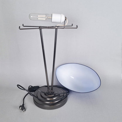 1980s blue opaline postmodern table lamp with graphite metal body inspired by the 1930s art deco desk lamps - Retro Lamp Shop