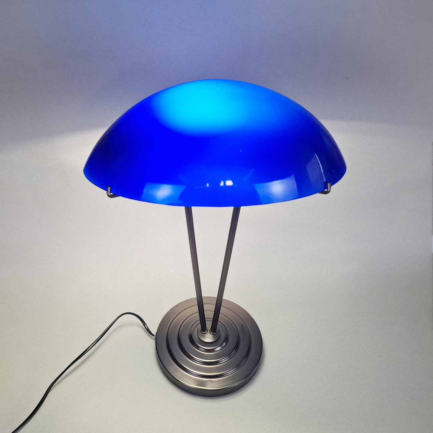 1980s blue opaline postmodern table lamp with graphite metal body inspired by the 1930s art deco desk lamps - Retro Lamp Shop