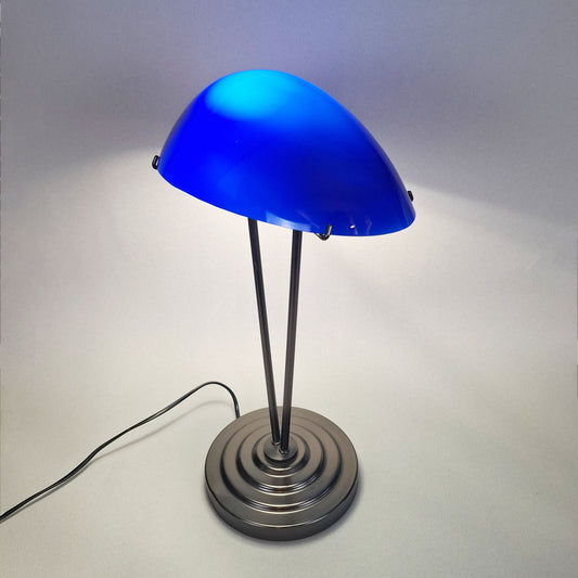 1980s blue opaline postmodern table lamp with graphite metal body inspired by the 1930s art deco desk lamps - Retro Lamp Shop