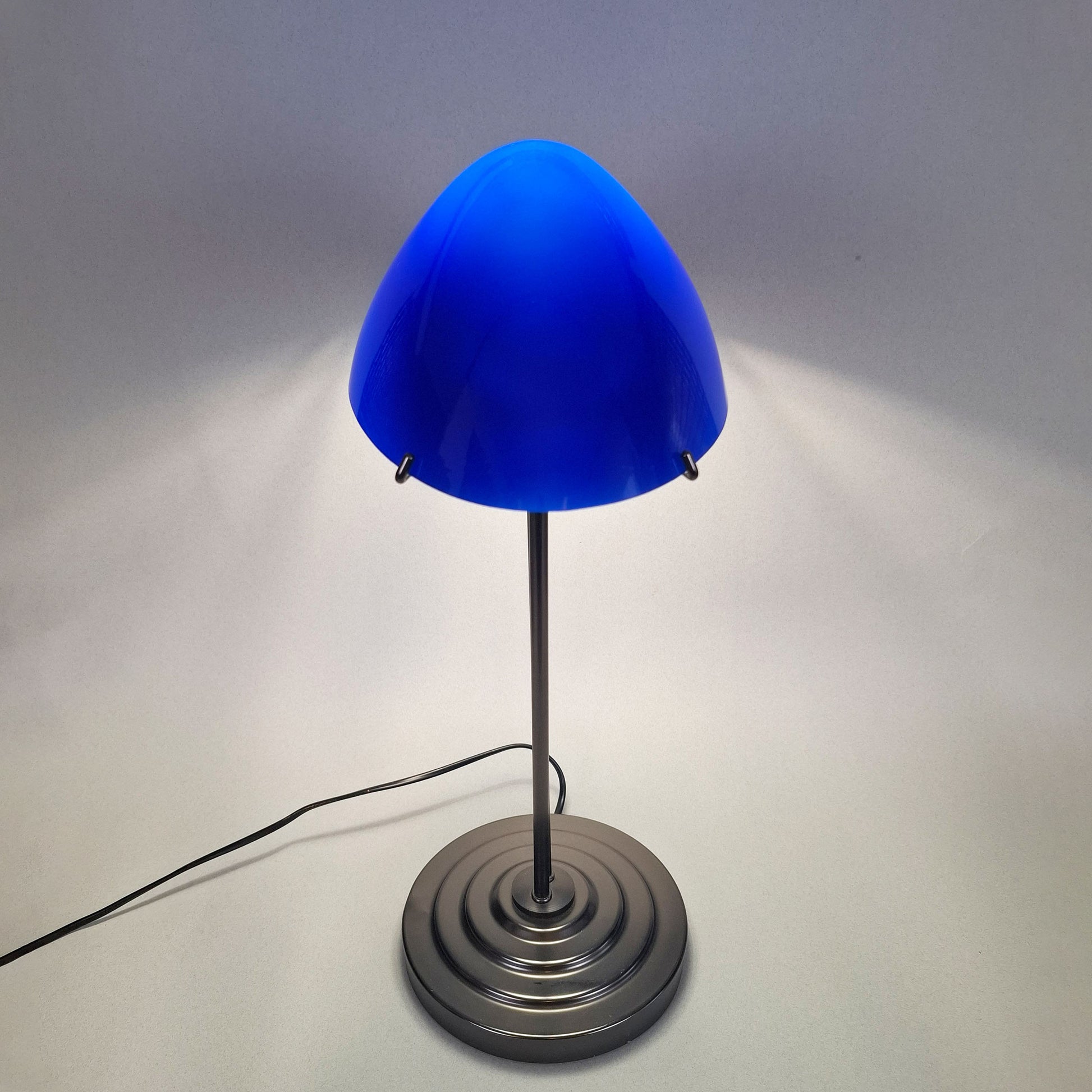 1980s blue opaline postmodern table lamp with graphite metal body inspired by the 1930s art deco desk lamps - Retro Lamp Shop