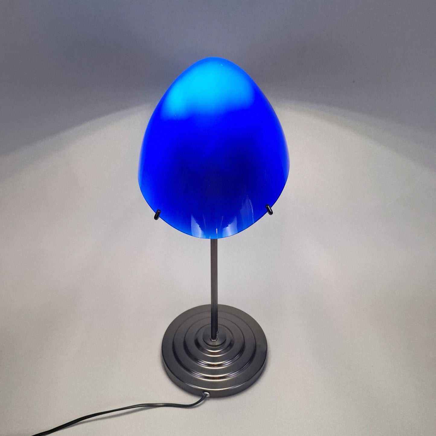 1980s blue opaline postmodern table lamp with graphite metal body inspired by the 1930s art deco desk lamps - Retro Lamp Shop