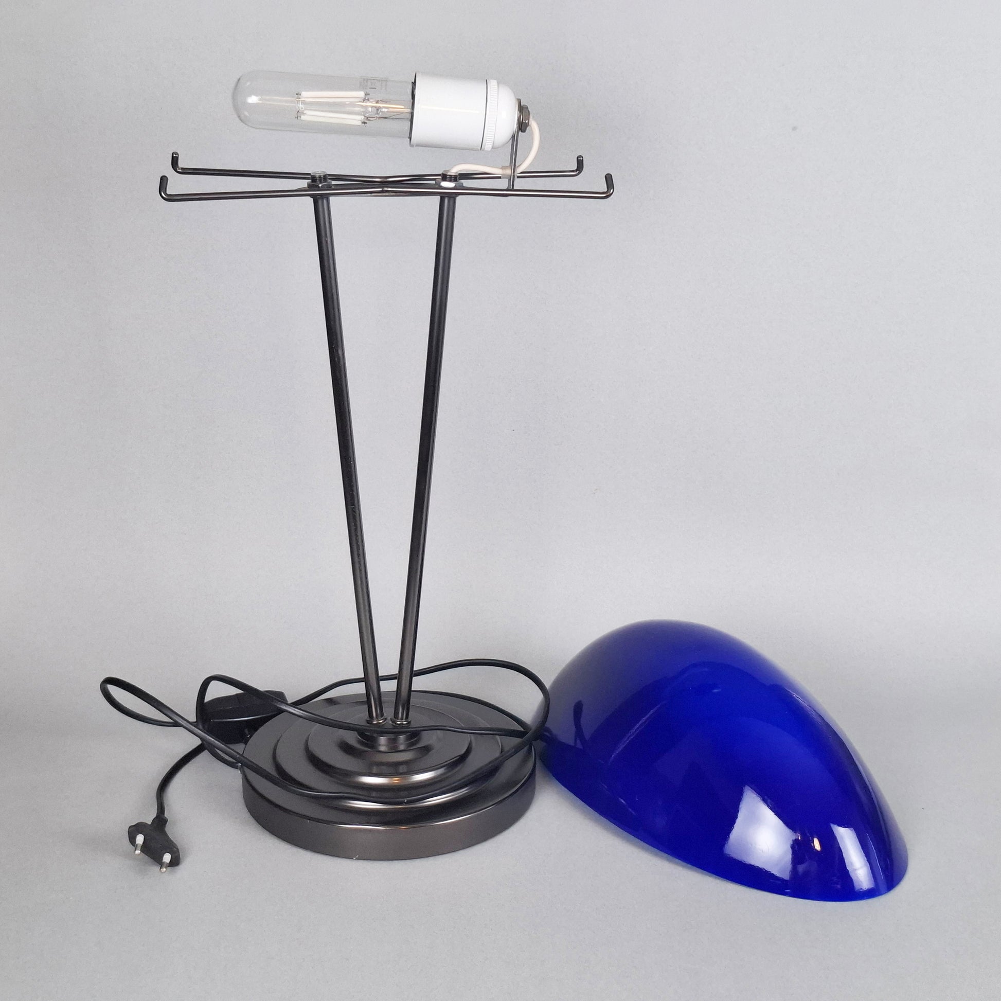 1980s blue opaline postmodern table lamp with graphite metal body inspired by the 1930s art deco desk lamps - Retro Lamp Shop