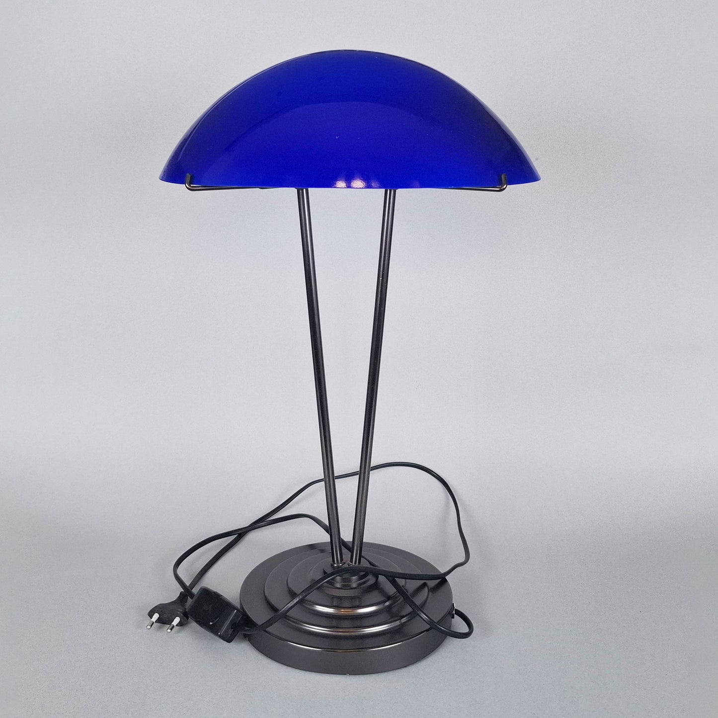 1980s blue opaline postmodern table lamp with graphite metal body inspired by the 1930s art deco desk lamps - Retro Lamp Shop