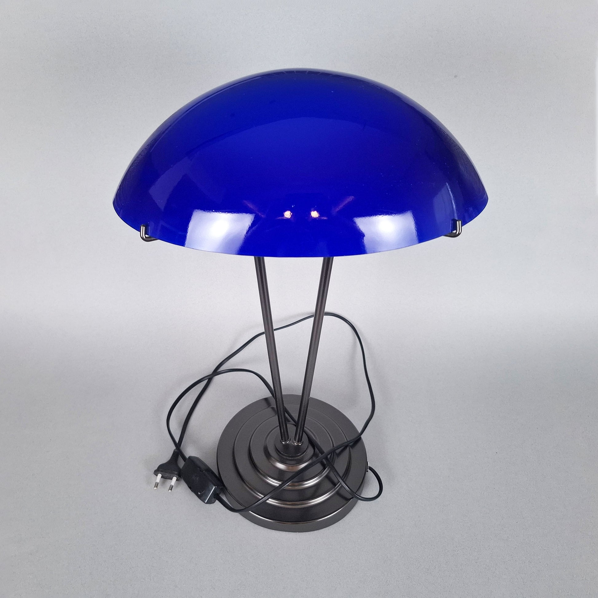 1980s blue opaline postmodern table lamp with graphite metal body inspired by the 1930s art deco desk lamps - Retro Lamp Shop