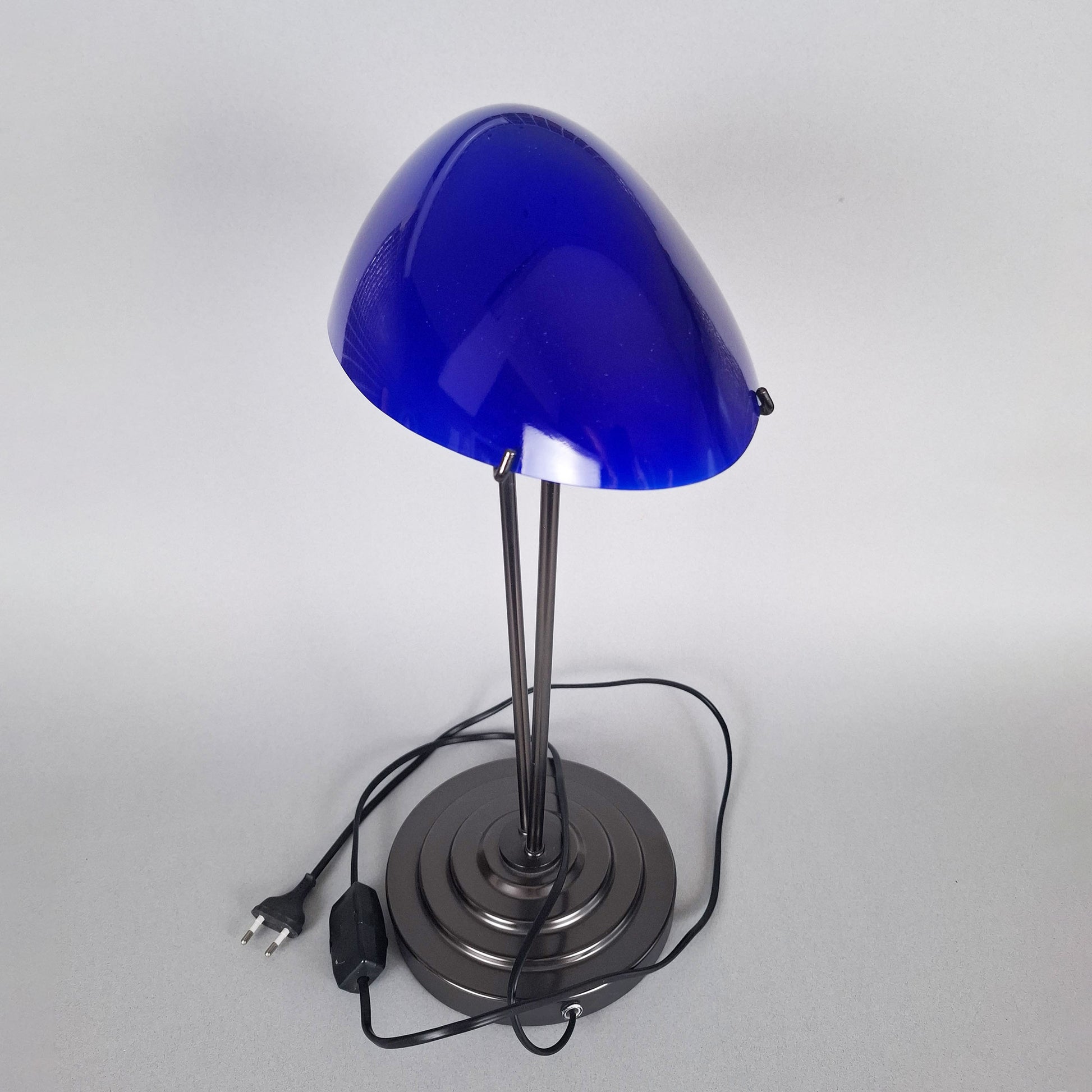 1980s blue opaline postmodern table lamp with graphite metal body inspired by the 1930s art deco desk lamps - Retro Lamp Shop