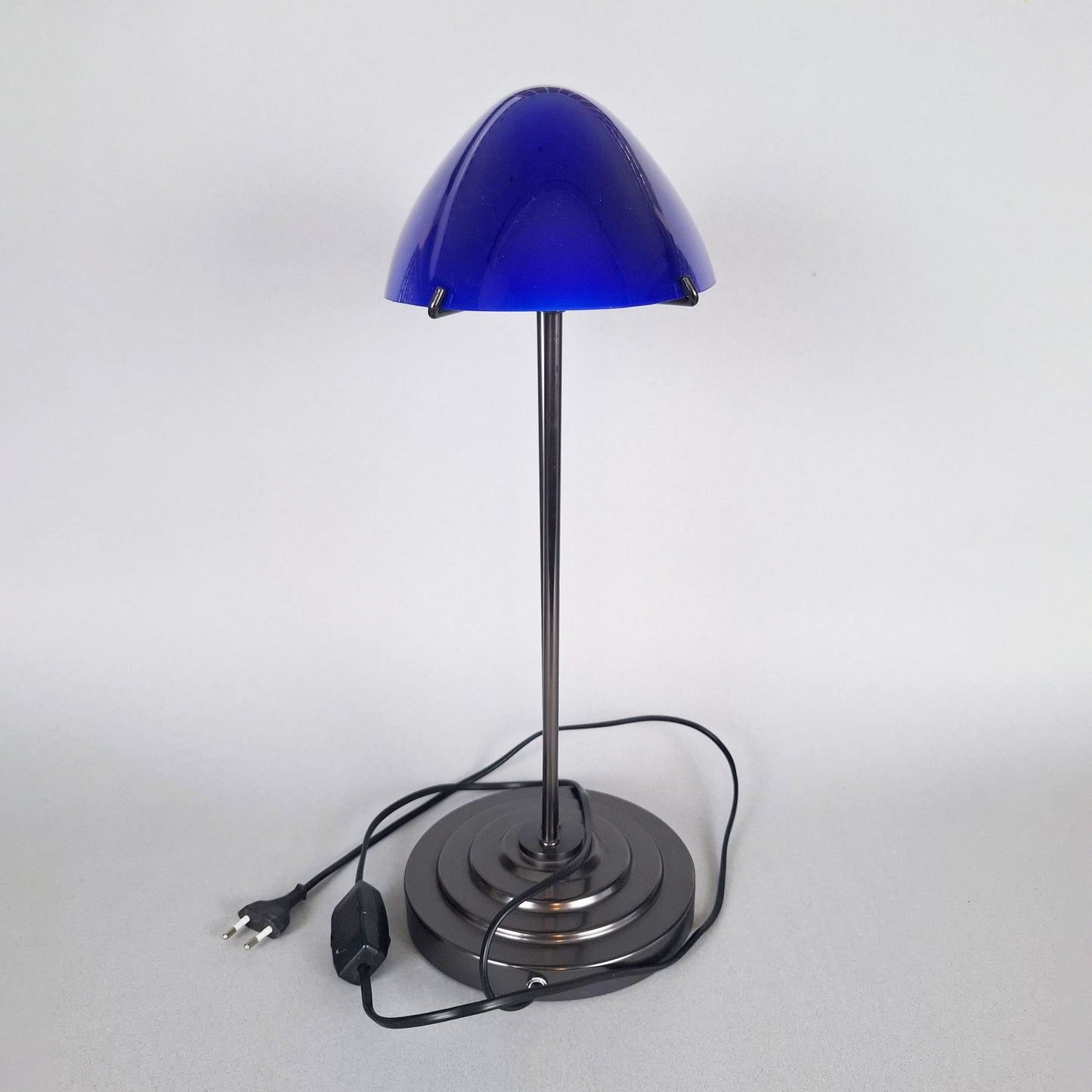 1980s blue opaline postmodern table lamp with graphite metal body inspired by the 1930s art deco desk lamps - Retro Lamp Shop