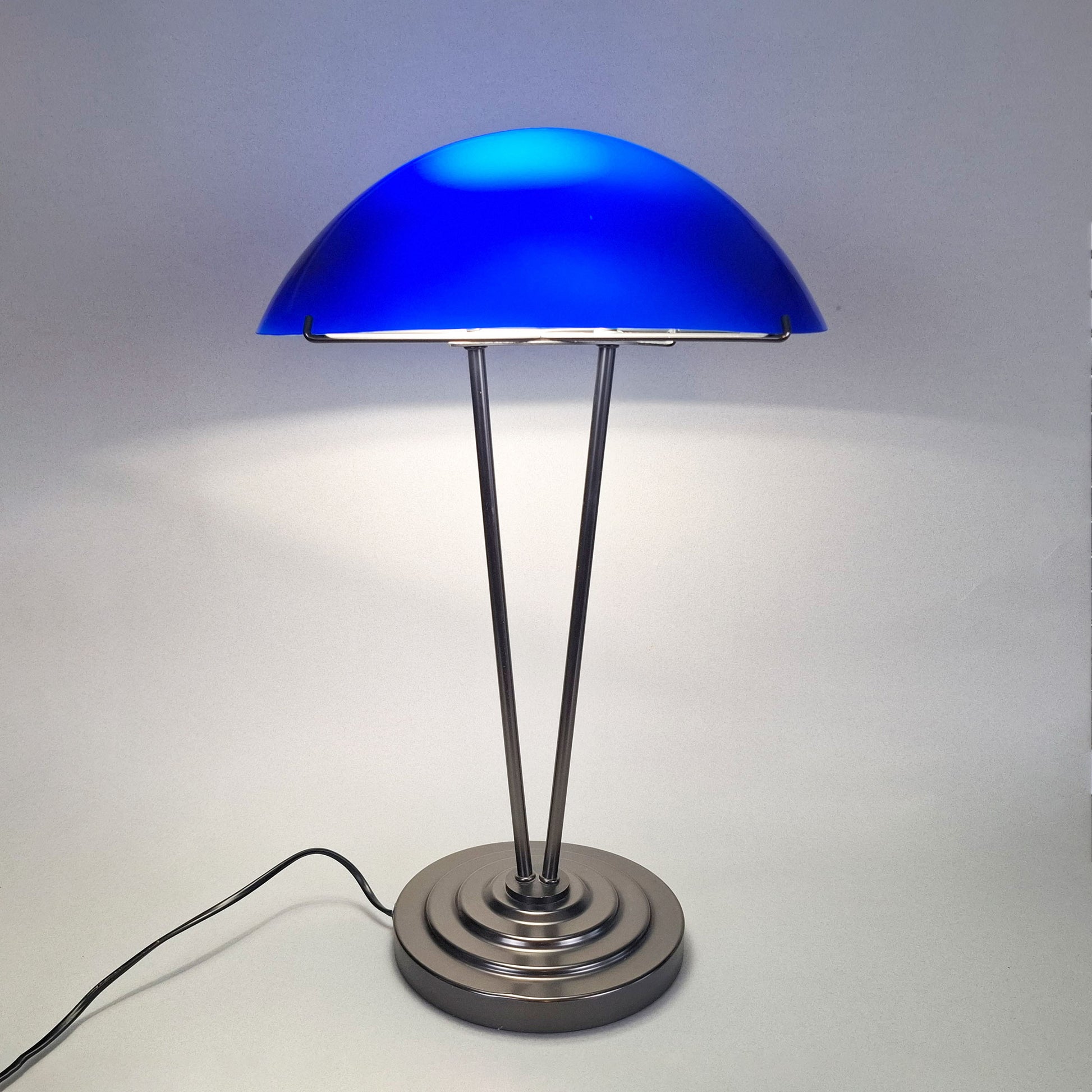 1980s blue opaline postmodern table lamp with graphite metal body inspired by the 1930s art deco desk lamps - Retro Lamp Shop