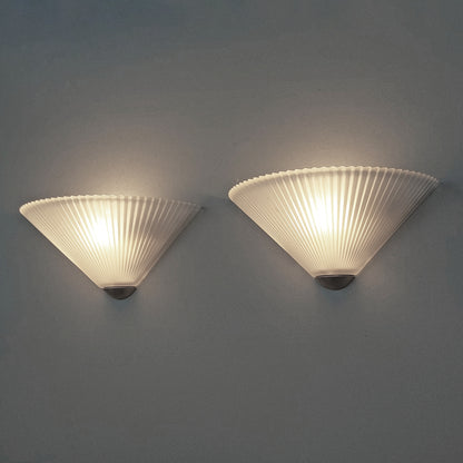 Pair of beautiful 80's sconces with pleaded frosted glass shades and brushed brass accessories - Retro Lamp Shop