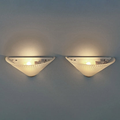 Pair of beautiful 80's sconces with pleaded frosted glass shades and brushed brass accessories - Retro Lamp Shop