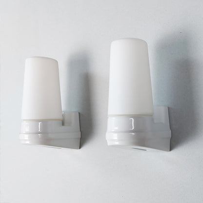 Pair of petit 1980's Swedish ceramic sconces with frosted opaline glass shades - Retro Lamp Shop