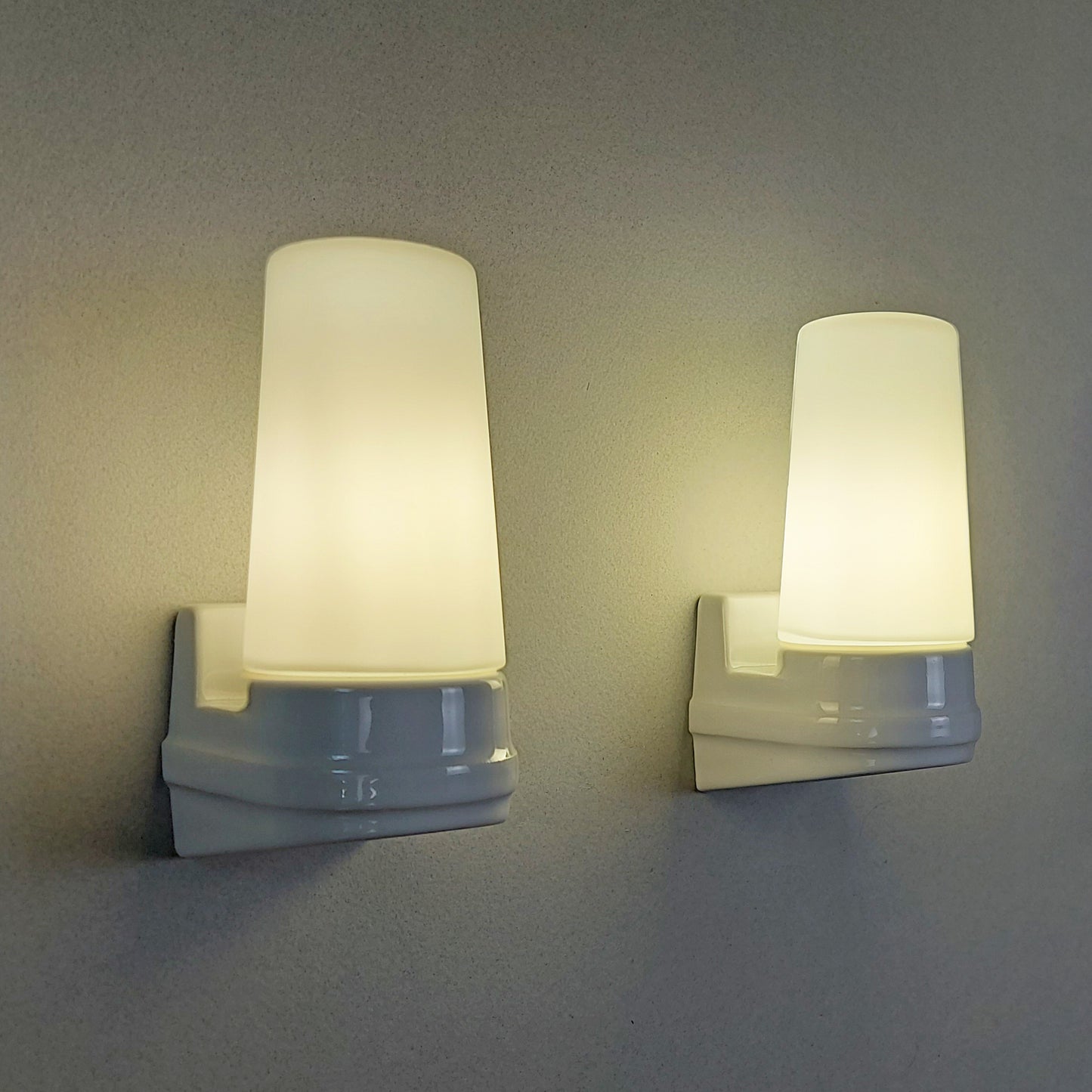 Pair of petit 1980's Swedish ceramic sconces with frosted opaline glass shades - Retro Lamp Shop