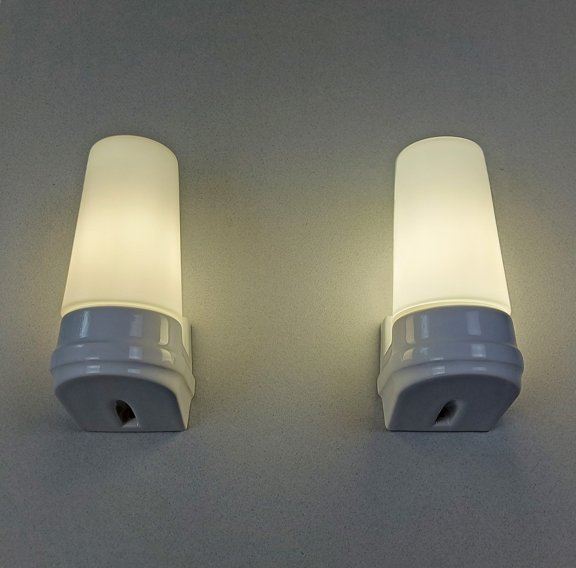 Pair of petit 1980's Swedish ceramic sconces with frosted opaline glass shades - Retro Lamp Shop