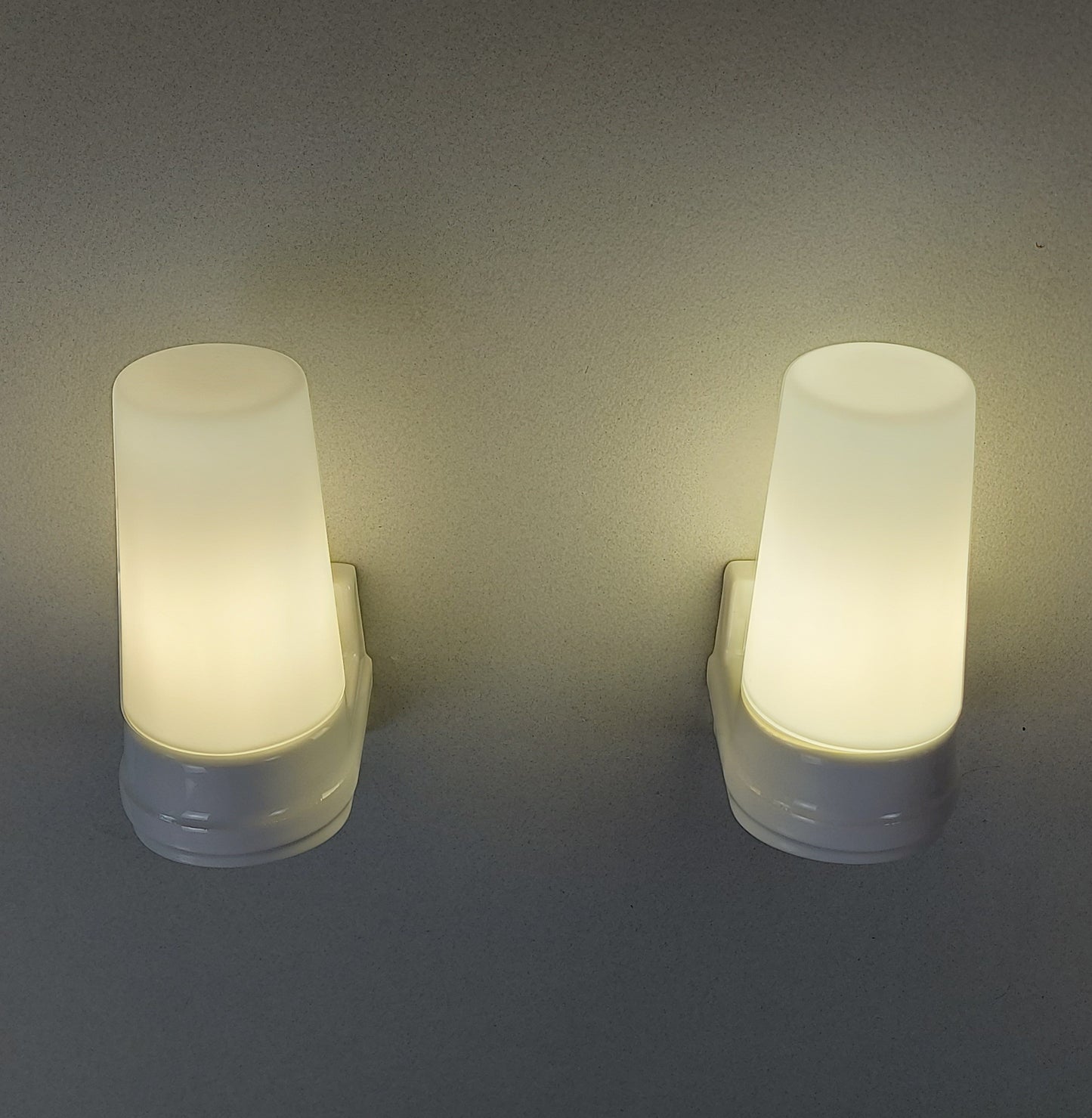 Pair of petit 1980's Swedish ceramic sconces with frosted opaline glass shades - Retro Lamp Shop