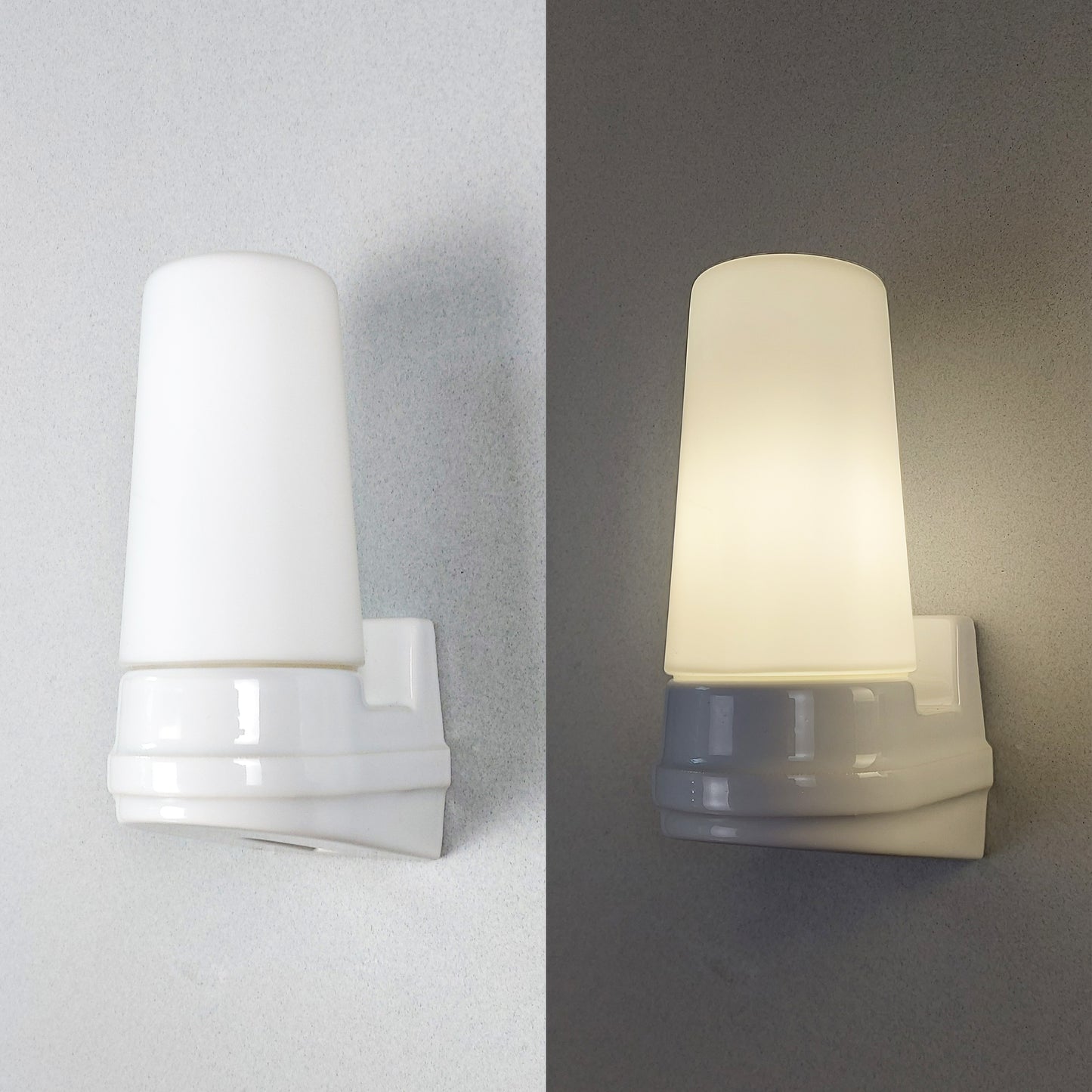 Pair of petit 1980's Swedish ceramic sconces with frosted opaline glass shades - Retro Lamp Shop