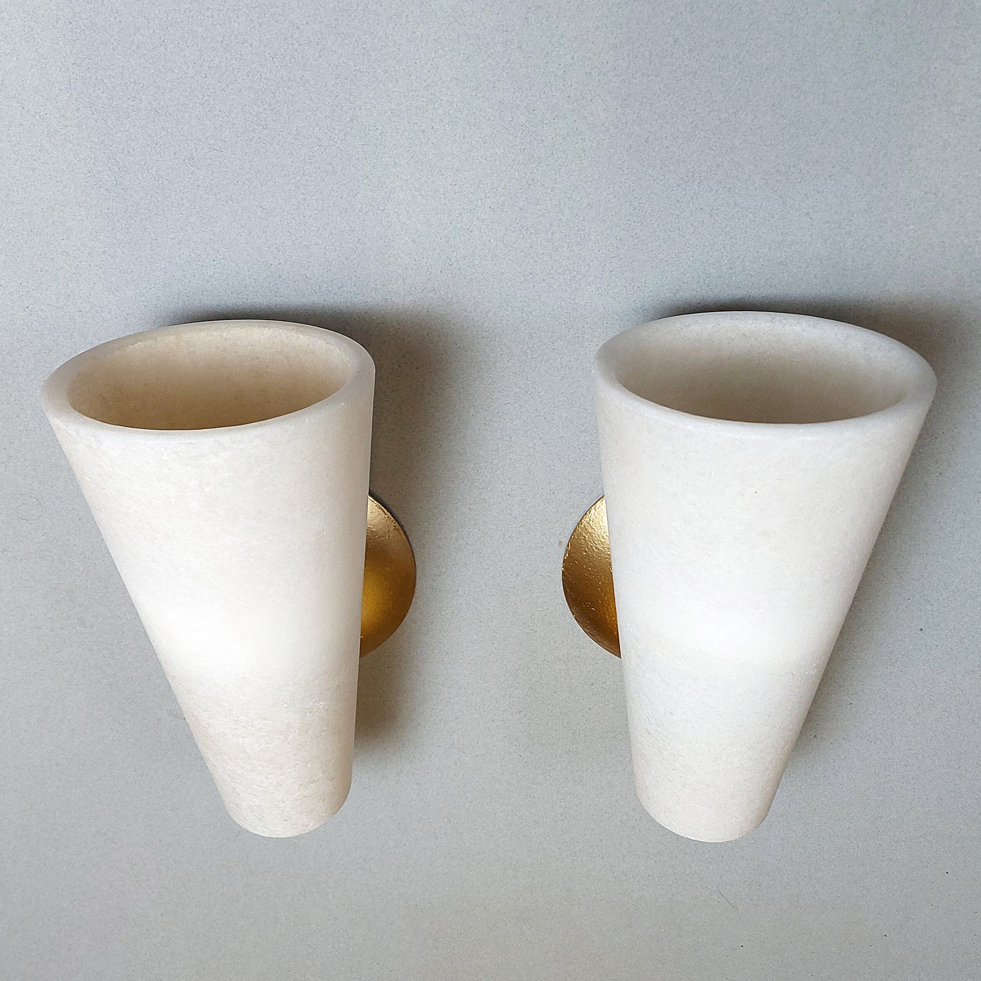 Pair of 80's spanish white alabaster sconces with gold painted cast iron base - Retro Lamp Shop