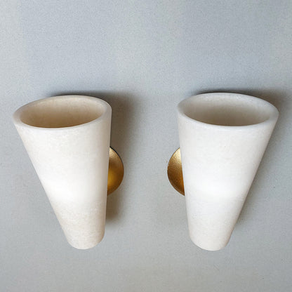 Pair of 80's spanish white alabaster sconces with gold painted cast iron base - Retro Lamp Shop