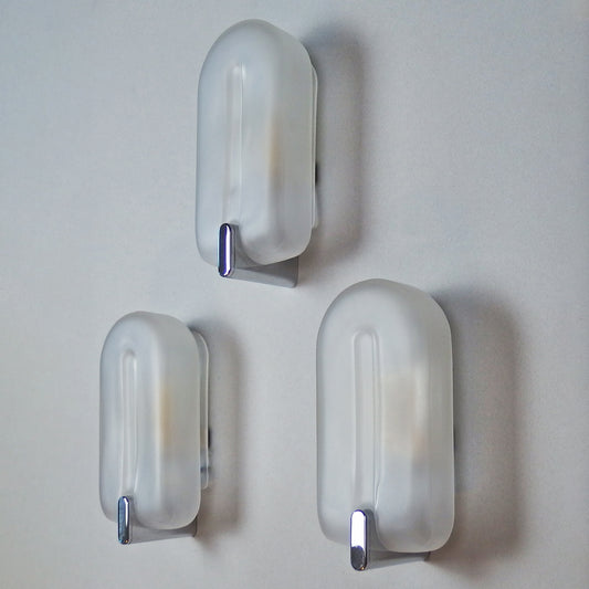 Set of 3 elegant 1980s sconces with frosted glass shades and chromed metal base - Retro Lamp Shop