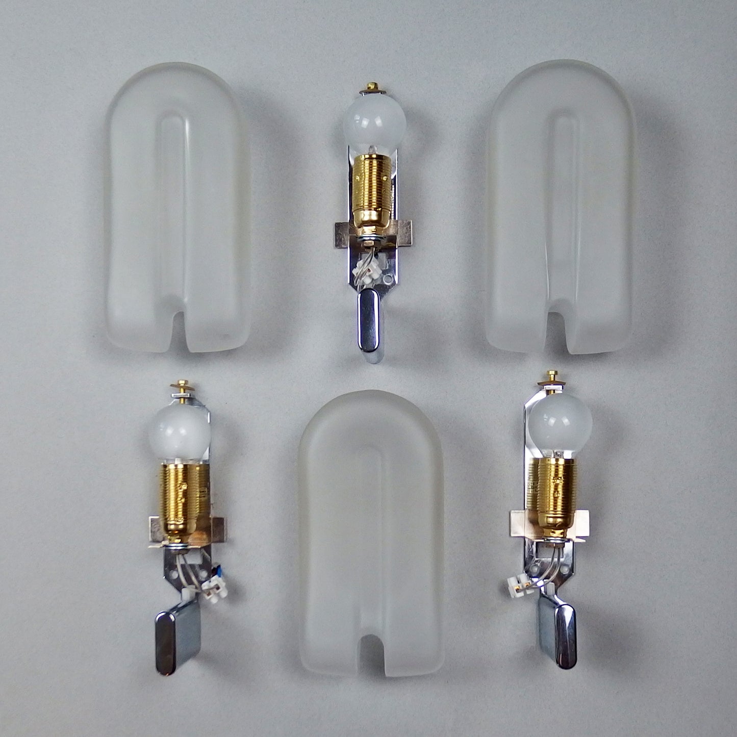 Set of 3 elegant 1980s sconces with frosted glass shades and chromed metal base - Retro Lamp Shop