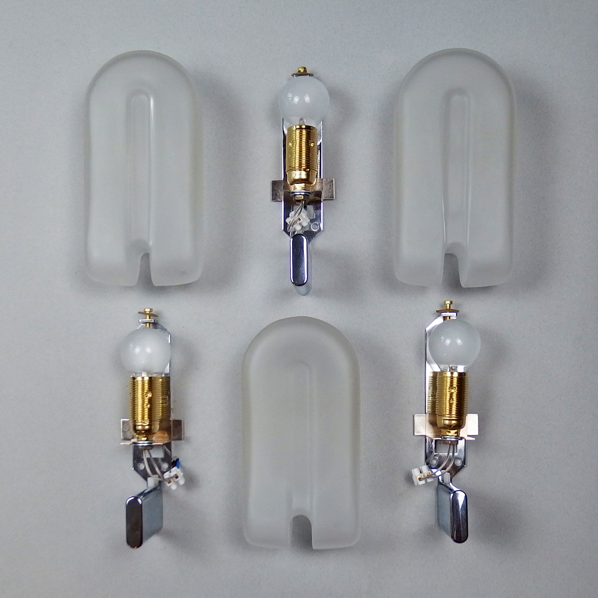 Set of 3 elegant 1980s sconces with frosted glass shades and chromed metal base - Retro Lamp Shop