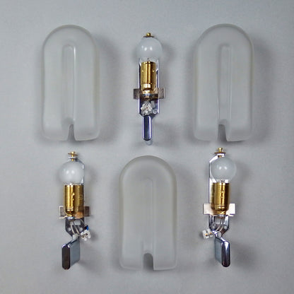 Set of 3 elegant 1980s sconces with frosted glass shades and chromed metal base - Retro Lamp Shop
